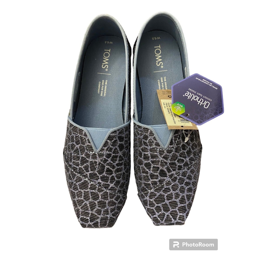 womens TOMS "ALPARGATA" Canvas Shoes~Sz 6.5~Citadel Blue Animal Printed Glitter